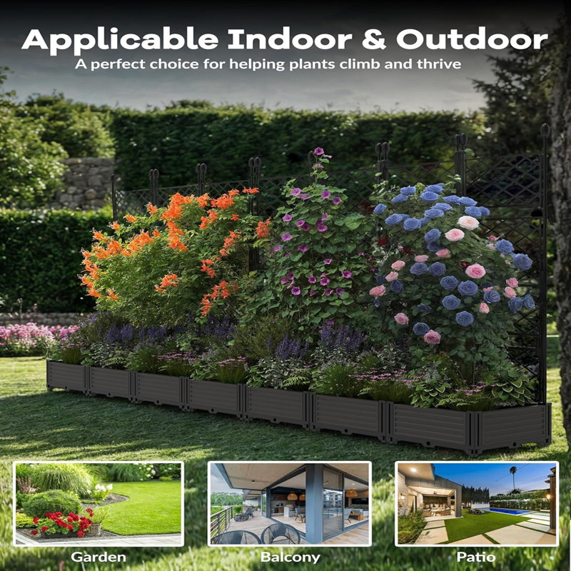 114 x16 x 63 in  Modular Vertical Garden Kit 7-Pack Raised Planter Boxes with Trellis Panels, 114.2" Width