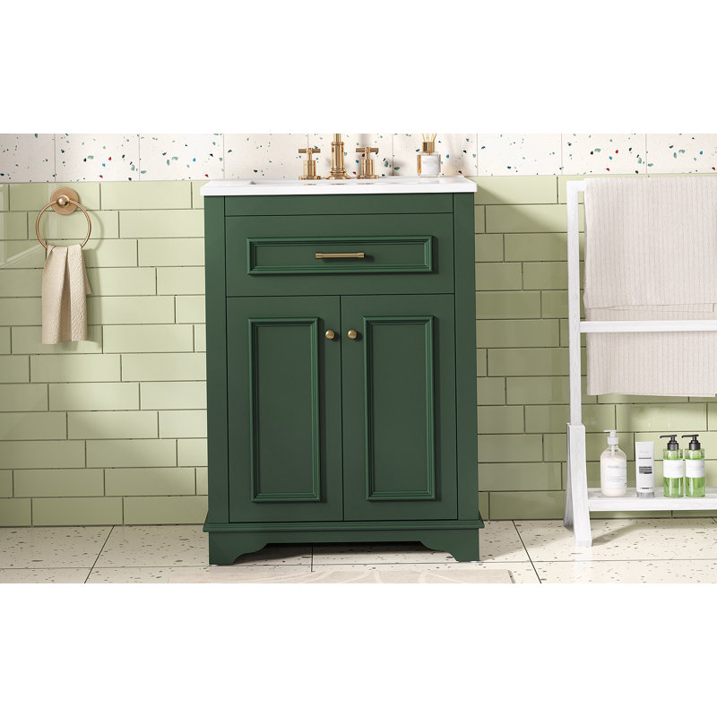 Meuble-lavabo de 24 pouces avec lavabo en céramique intégré, portes à fermeture en douceur et tiroir coulissant pour les toilettes modernes et compactes.