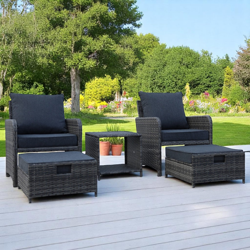 Ensemble de conversation en osier pour 2 personnes avec repose-pieds, Gris
