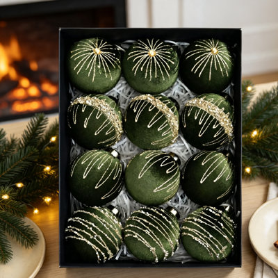 Lot de 12 boules de Noël en velours, ornées de paillettes et de paillettes, à suspendre pour décorer le sapin de Noël, les fêtes et la maison (lot de 12)