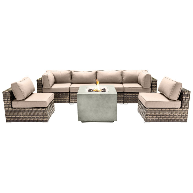 Ensemble de conversation pour 6 personnes avec coussins Sunbrella et foyer en béton Sayma, Beige Sunbrella