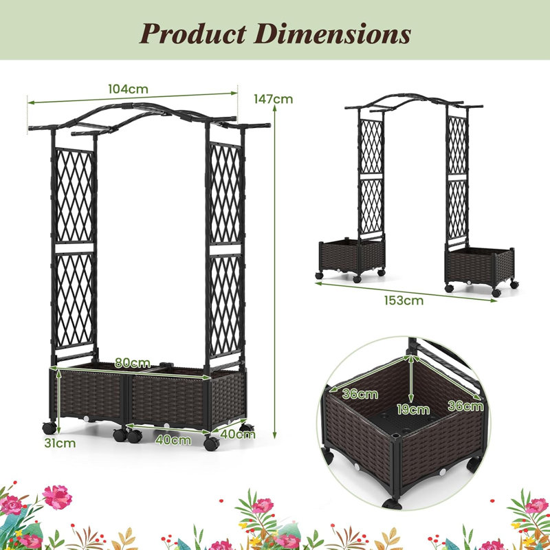 147 cm Self-Watering Planter Boxes with Lattice Trellis & Roof