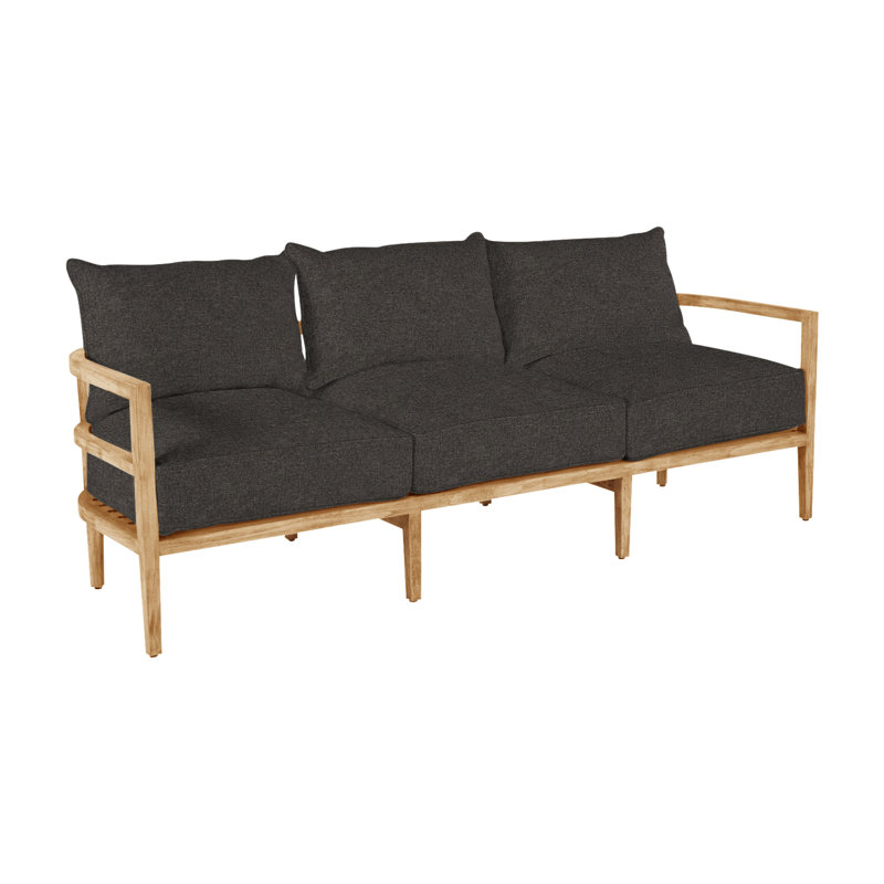 Santa Barbara 87" Wide Outdoor Teak Patio Sofa with Cushions, Natural Teak, No Welt, Herringbone Sand