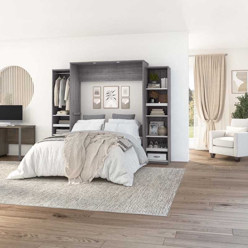 Osterman Murphy Bed and 2 Narrow Closet Organizers with Drawers, Full, Bark Gray/White