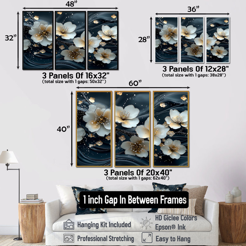 Ensemble de salon art mural blanc et blanc Blooming Marble Flowers River IV - Poppies, Toile avec cadre flottant noir