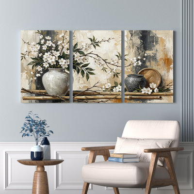 Ensemble de 3 tableaux sur toile tendue représentant des fleurs de cerisier blanches et un vase, pour la décoration du salon et de la chambre.