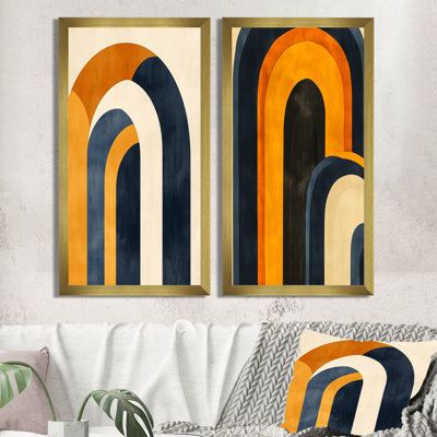 Midcentury Arch 2 Piece Wall Art, Mustard Blue Canvas, Bold Arch Play In Mustard And Blue