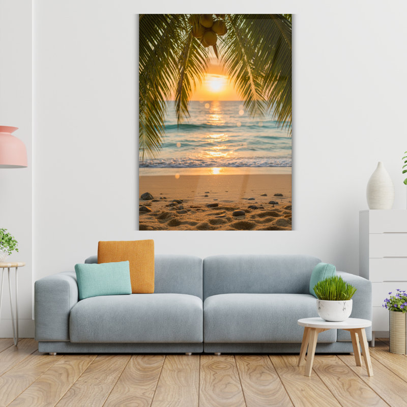 Art mural en verre trempé Tropical Beach Sunset, H 24 po x l 18 po