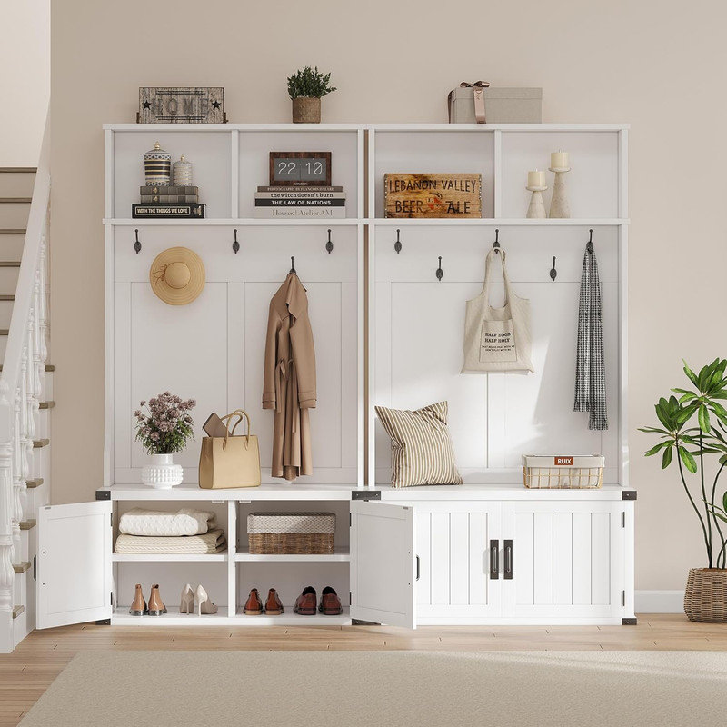 3‑In‑1 Entryway Hall Tree with Bench & Shoe Storage, Multifunctional Coat Rack Organizer for Mudroom, White
