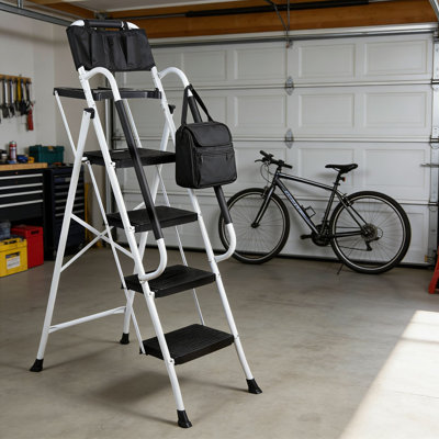 4 Step Ladder With Handrails And Tool Tray, Heavy Duty 330Lbs Capacity Steel Folding Step Stool For Home And Workshop