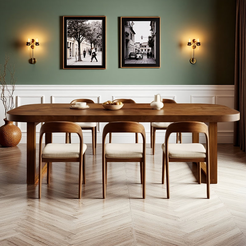 Ensemble de table de salle à manger et de chaises rectangulaires en bois massif brun de style antique