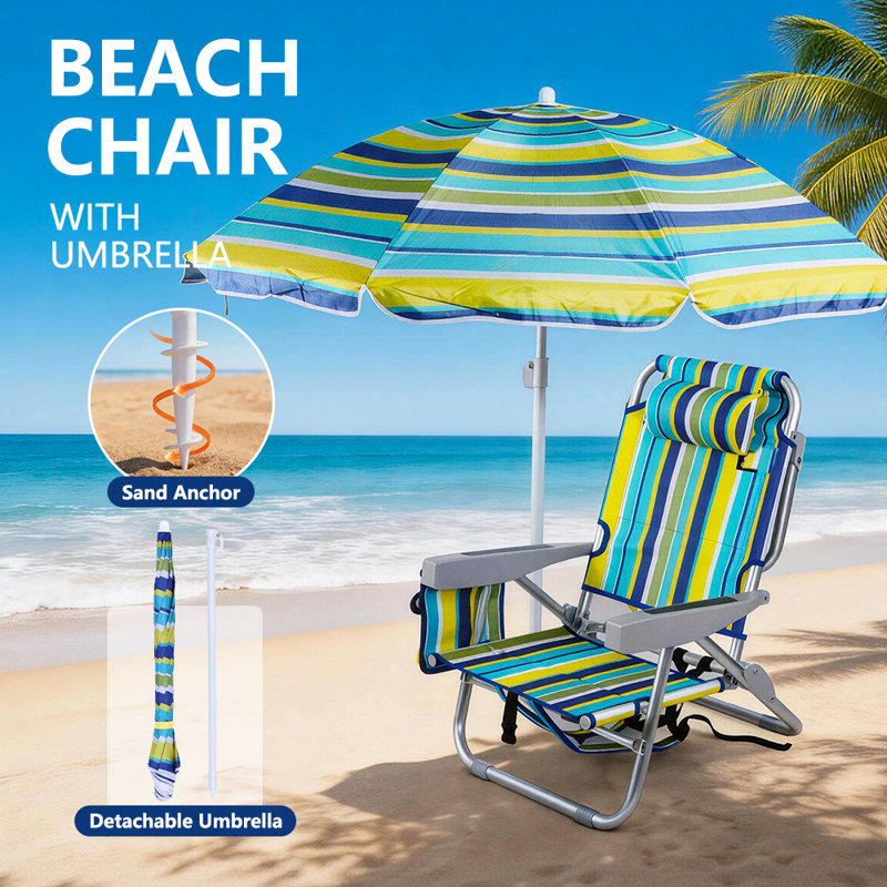 Suoma High Back Beach Chairs with Umbrella, Cooler, Cup Holder & Backpack Straps, Heavy Duty(2 Pack)