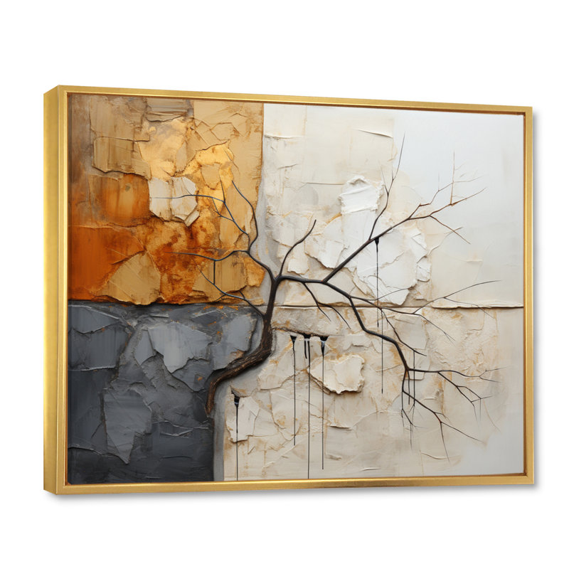 «Gerlando», gris, jaune, abstrait, fractale, abstraction - fractales, art mural encadré, Cadre flottant doré