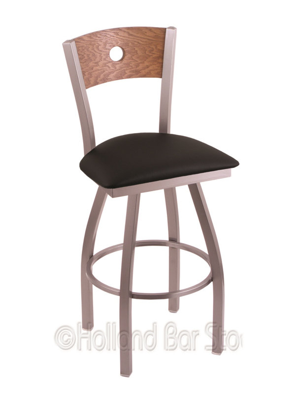 Tabouret de bar pivotant de 36" Lareau, Inoxydable, Érable cerise foncé, Vinyle noir