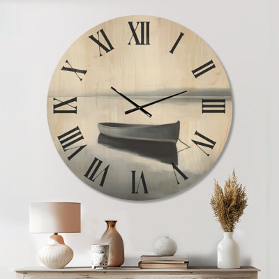 Lone Boat On Still Water - Coastal Round Wall Clock, Printed on Wood