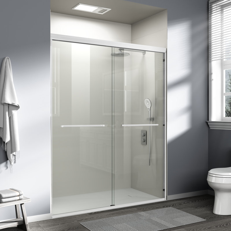 56"-60" W x 72" H Double Sliding Shower Door Semi-Frameless Bypass Sliding Door with Tempered Glass Explosion-Proof, 2 Towel Bars for Walk-in Bathroom, White