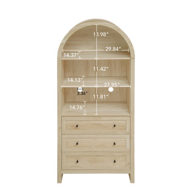  Arched Kitchen Pantry Cabinet, Modern Farmhouse Wood Storage Cabinet with 3 Drawers and Adjustable Shelves, Natural