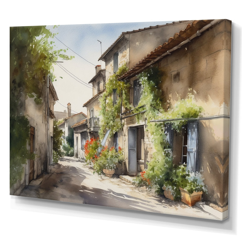 Riba, village méditerranéen, rue Ix sur toile, H 16 po x l 32 po x P 1 po, Toile tendue