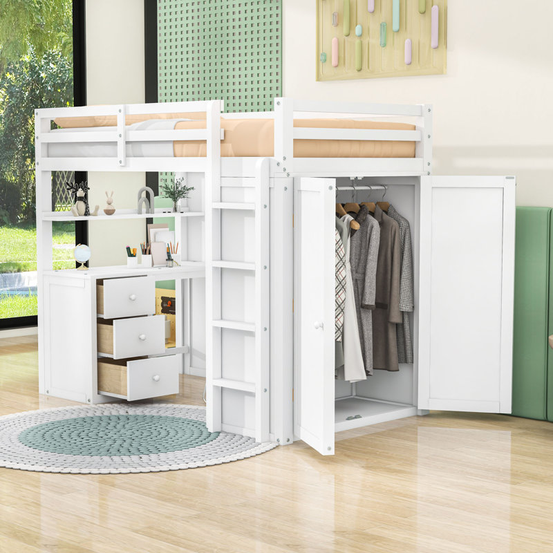Loft Bed With Desk, Drawers, And Wardrobe, Twin, White
