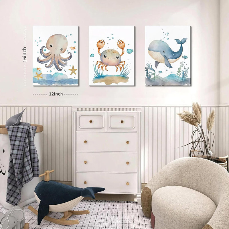Ocean Nursery Wall Art Set of 3, Sea Animal Baby Boys Room Canvas Wall Decor Paintings, Watercolor Ocean Kids Nursery Posters Prints Pictures for Boys and Girls Room, Bedroom 12x16 Inch Framed