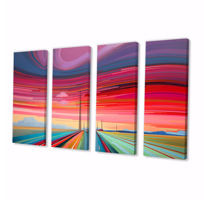 Red SunSet Mimal Country Road Horizontal Waves - Abstract Landscape Wall Art Decor, 4 pièces, H 28 po x l 48 po