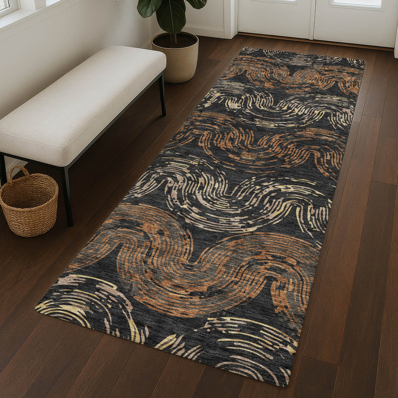 Machine Washable Indoor/Outdoor Chantille ACN2461 Spiral Rug, 2'3" x 7'6" Runner, Black