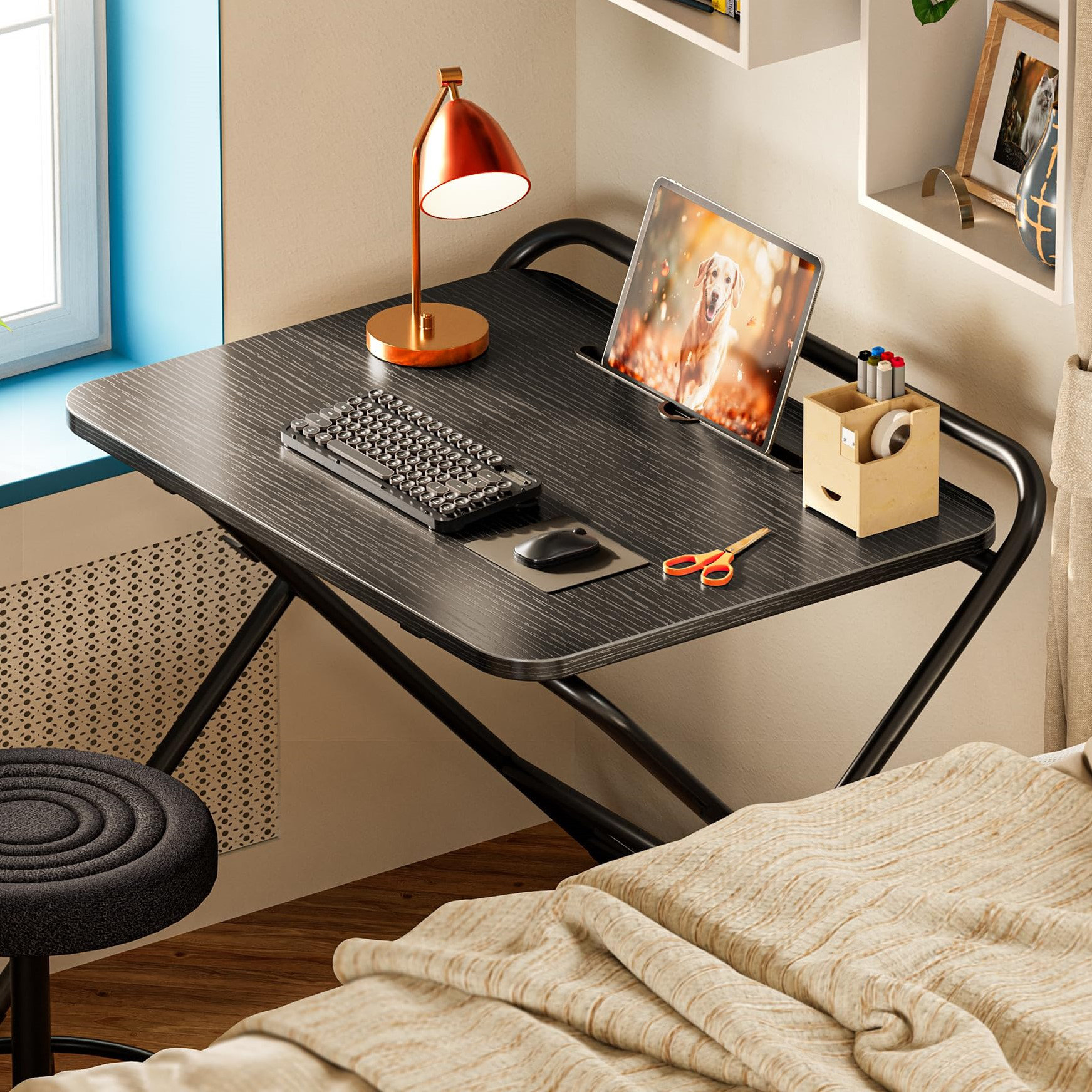 Inbox Zero Folding Desk with 3-Level Adjustable Height and Tablet Slot ...