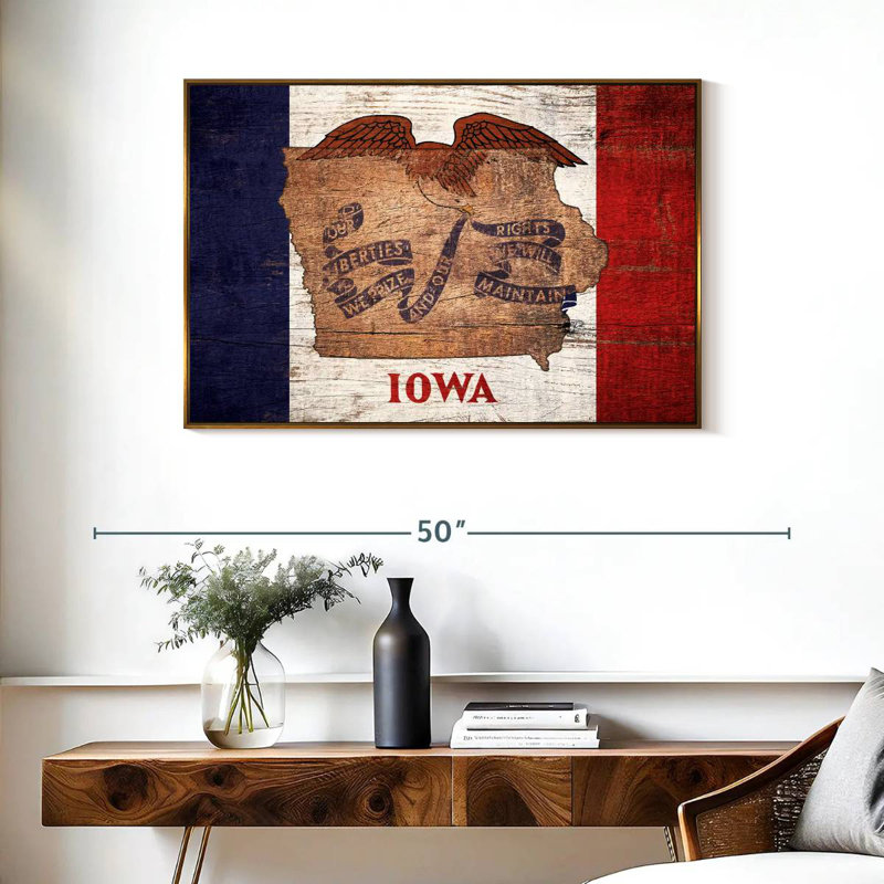Carte d'État sur le drapeau de l'Iowa, Cadre flottant doré, 37 po x 25 po