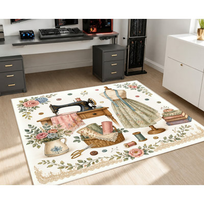 Tapis de style vintage aquarelle avec machine à coudre, motif floral, lavable et antidérapant, décoration intérieure artistique pour salon, chambre, atelier, bureau, appartement