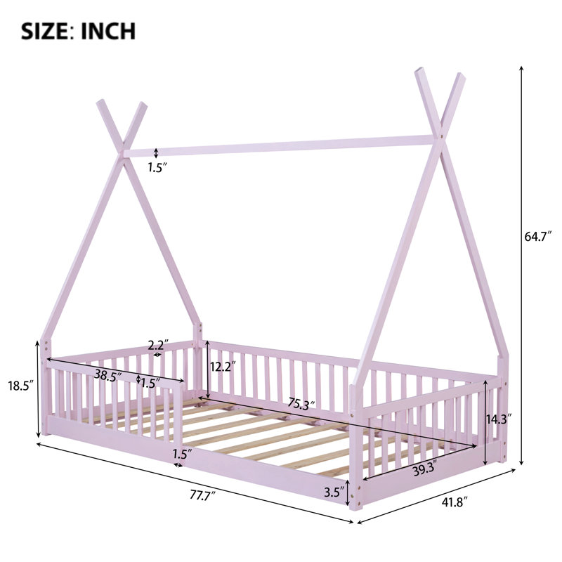Lit simple en bois avec clôture, Rose