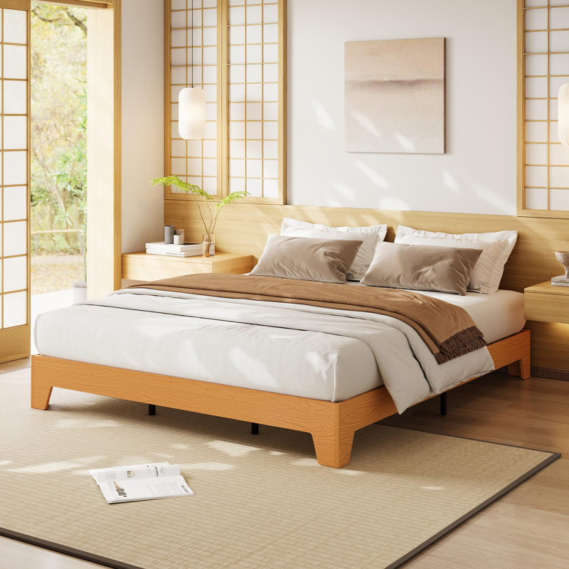 Base de lit plateforme en bois, lit minimaliste avec support en lattes de bois, espace de rangement sous le lit, Pin