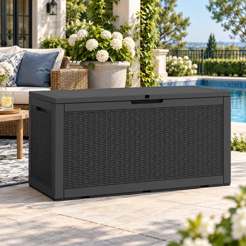 Boîte de rangement extérieure 120 gallons, boîte de rangement en résine imperméable et verrouillable avec siège, Noir