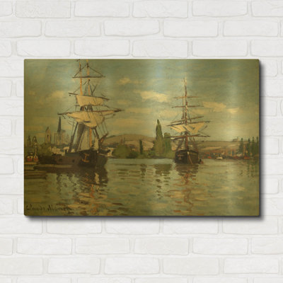 «Ships Ride On The Serine At Roue» par Claude Monet, art mural en métal doré, 36 po x 24 po