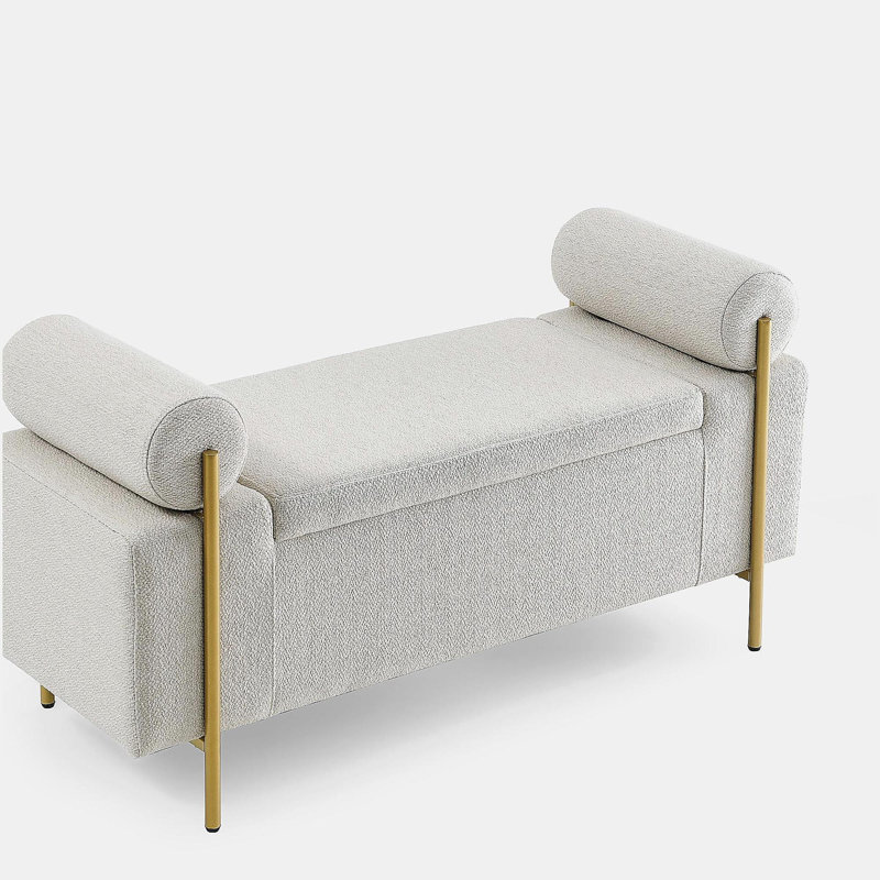 Velvet Storage Bench with Cylindrical Arms and Iron Legs, Beige