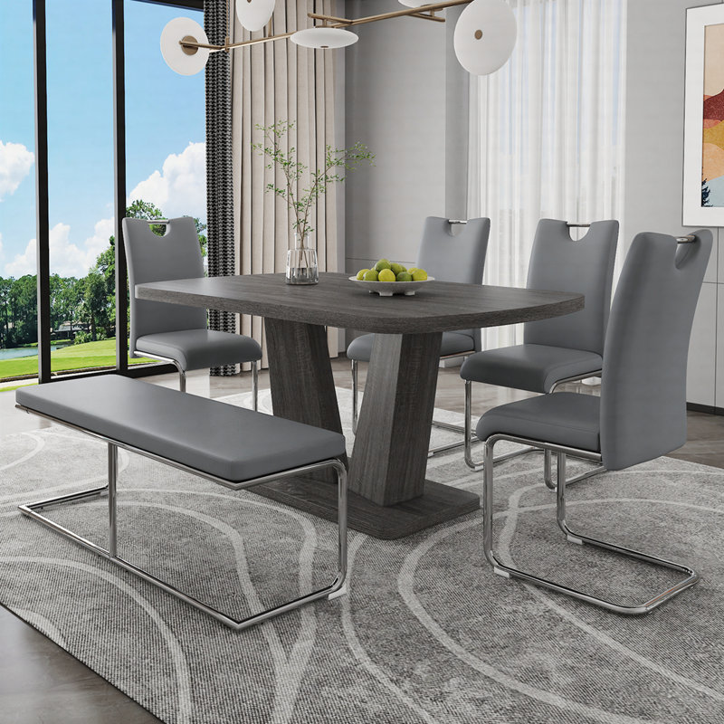 Ensemble de table de salle à manger 6 pièces avec plateau en faux marbre et base en panneau de fibres à densité moyenne de conception moderne