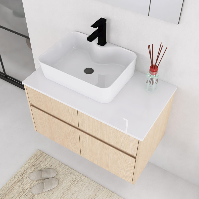 Meuble-lavabo mural 32 po avec lavabo en céramique, 2 portes à fermeture douce et 1 tiroir, Beige