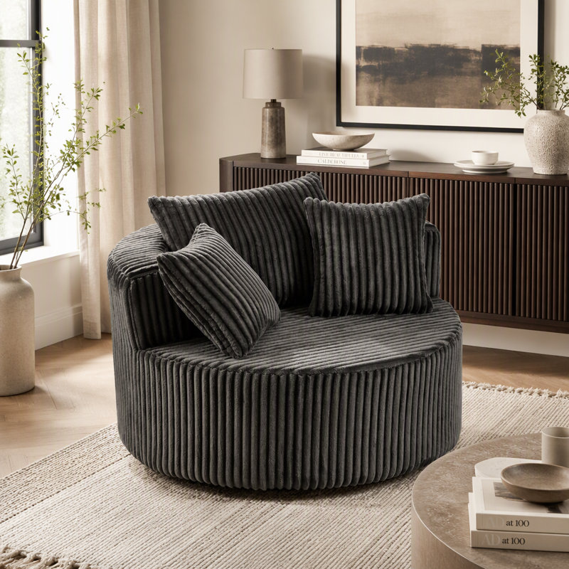 Oversized Round Swivel Accent Chair with Plush Upholstery and Throw Pillows, Brown Fabric, Brown
