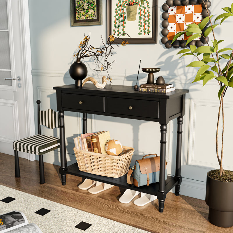 LUMERA Collection Mid-Century Modern Console Table with 2 Drawers & Shelf, 35.4” Narrow Entryway Table, Solid Wood Sofa Table for Living Room, Hallway, Foyer 