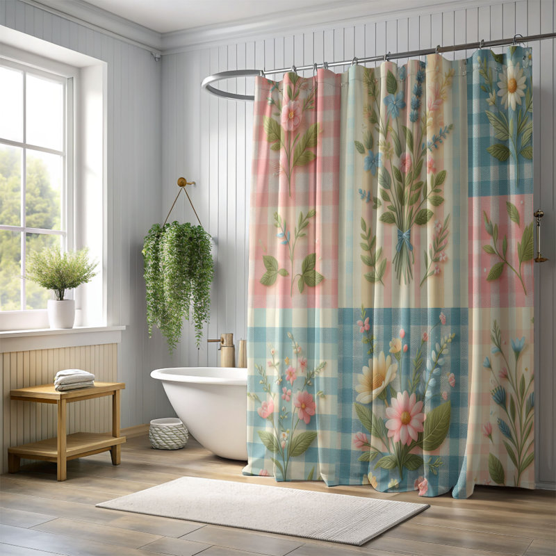 Ensemble de rideau de douche standard 1 pièce Bunny Gingham, H 74 po x l 71 po