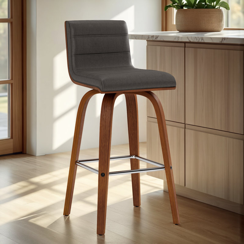 Tabouret de bar et de comptoir Biance, Similicuir gris, Tabouret de comptoir (siège d'une hauteur de 26 p, Noyer