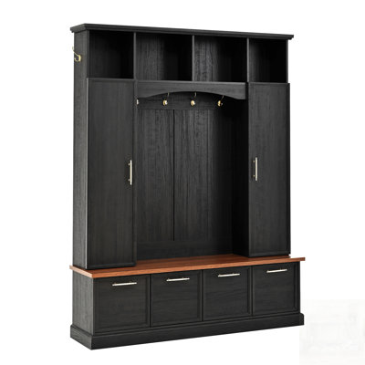 4-IN-1 Elegant Hall Tree With Golden Hooks & Handles, Practical Entryway Walnut Bench With Adjustable Shelves