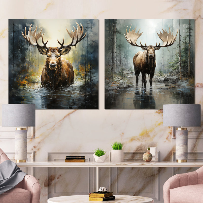 Mystic Moose In Forest I - Moose, ensemble de 2 reproductions d'art sur toile, Toile tendue, H 16 po x l 33 po x P 1 po