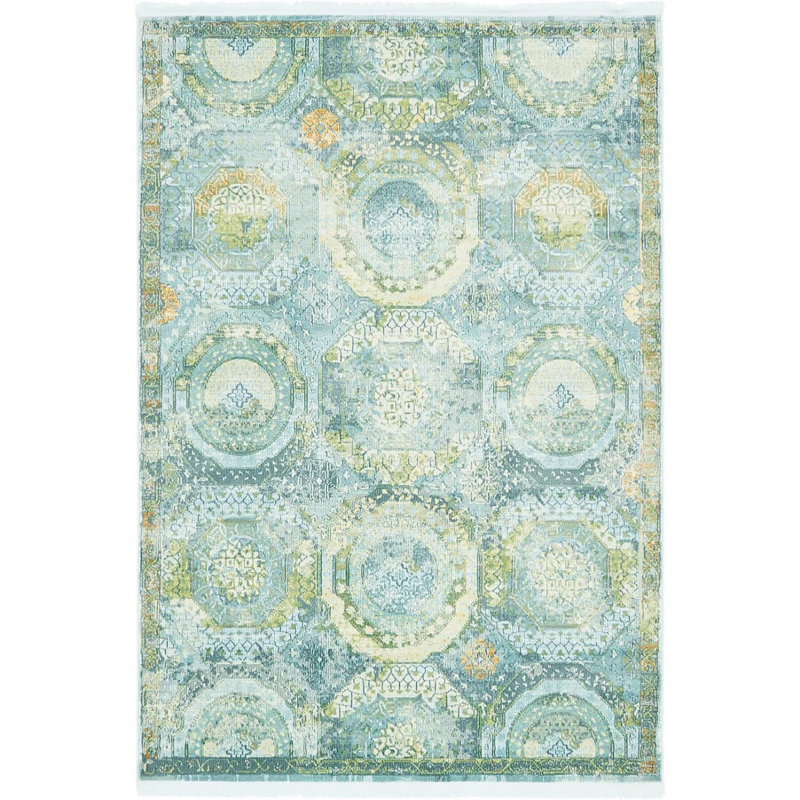 Folmar Oriental Green/Light Blue Area Rug, Rectangle 8' x 11', Green/Light Blue
