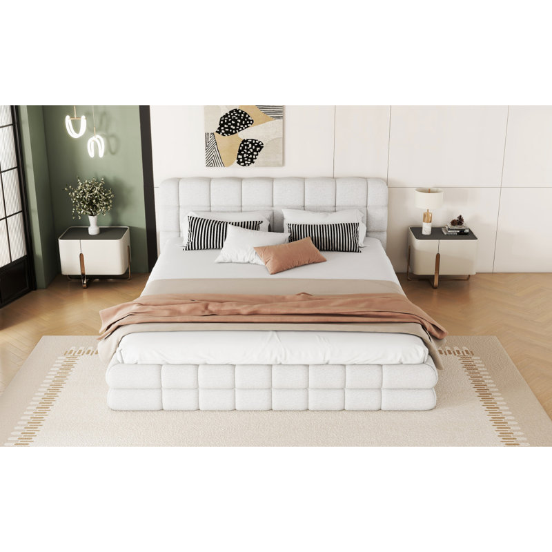 Queen Size Upholstered Platform Bed, White