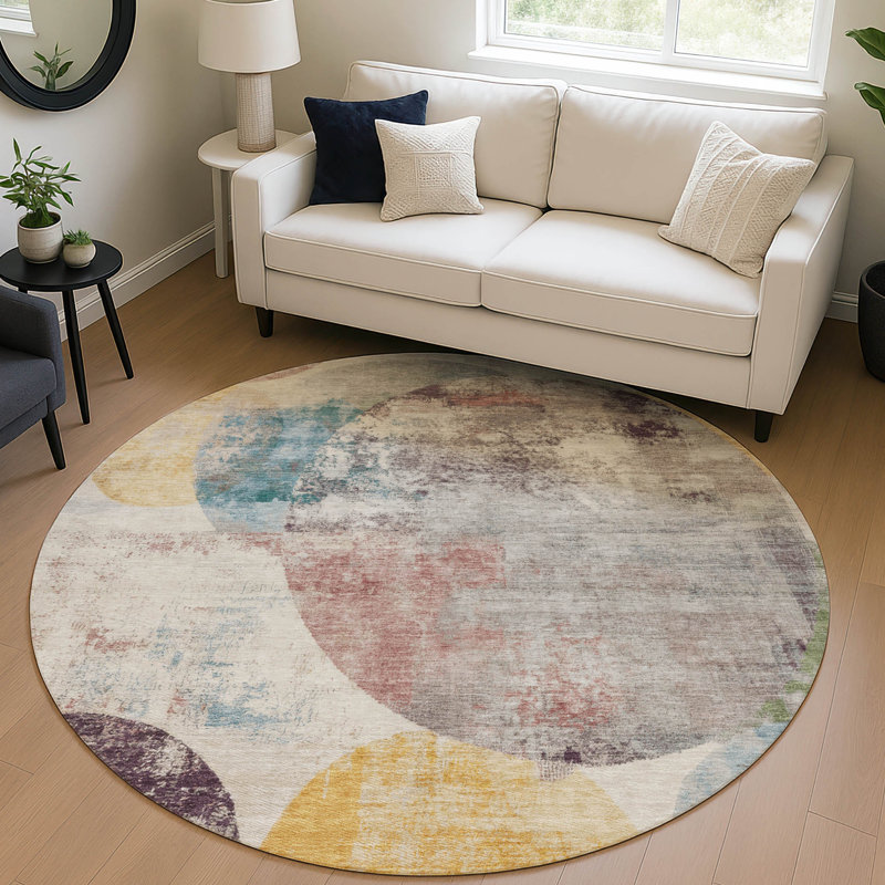 Machine Washable Indoor/Outdoor Lansford ACN2381 Circles Rug, Round 8'