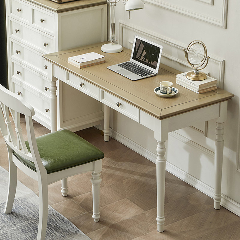 Bureau rectangulaire brun et blanc en bois massif avec 2 tiroirs, H 30,31 po x l 51,18 po x P 22,83 po, Brun / Blanc