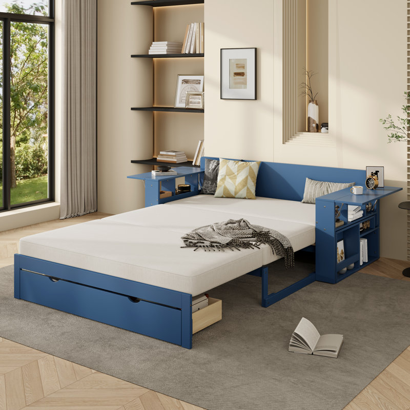 Full Size Daybed With Removable Desk, Storage Drawers & Hydraulic Side Table, Blue, Blue, Full/Double