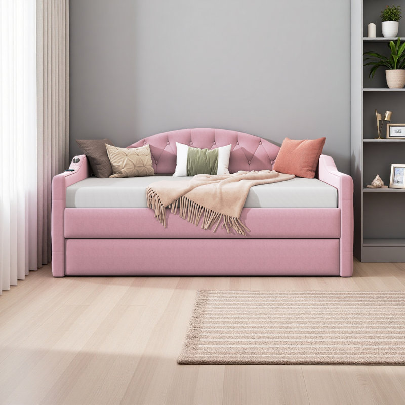Twin Size Tufted Upholstered Daybed With Trundle, Pink