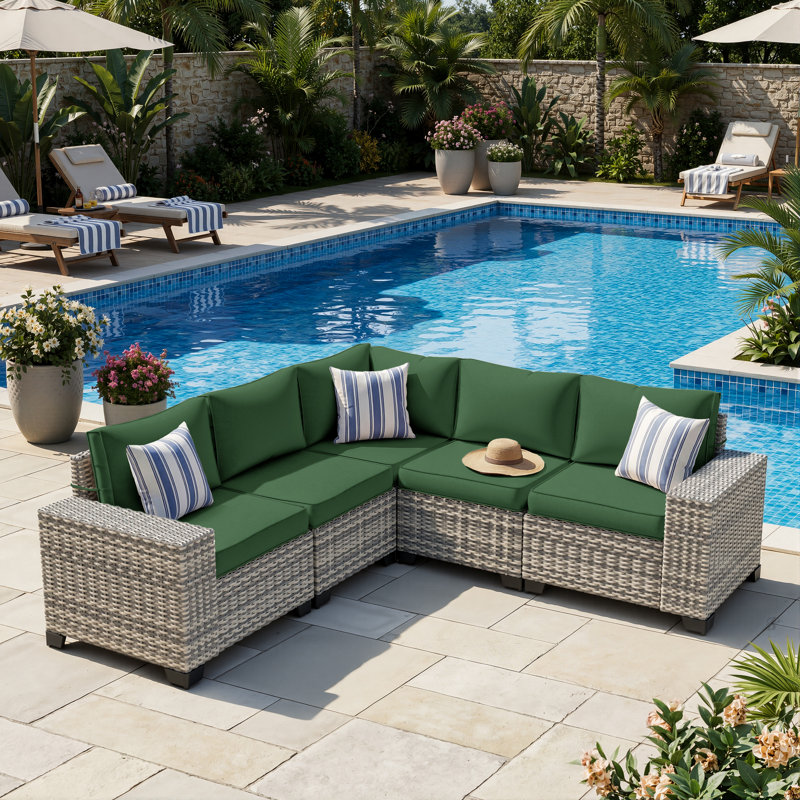 5-Person All-Weather PE Wicker Outdoor Sectional Sofa Set With Cushions And Wide Armrests, Forest Green