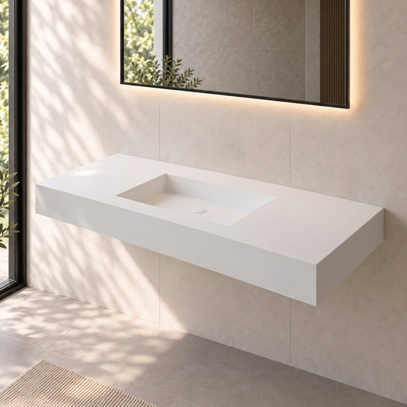 47'Wall Mounted Bathroom Sink Rectangle White Solid Surface Basin Mount Vessel Sink Floating Bathroom Sink